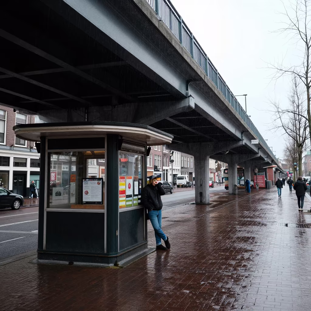Commuters Under Rail Overpass in Monsoon Amsterdam in by a rain-darkened kiosk in Nieuwmarkt, Amsterdam