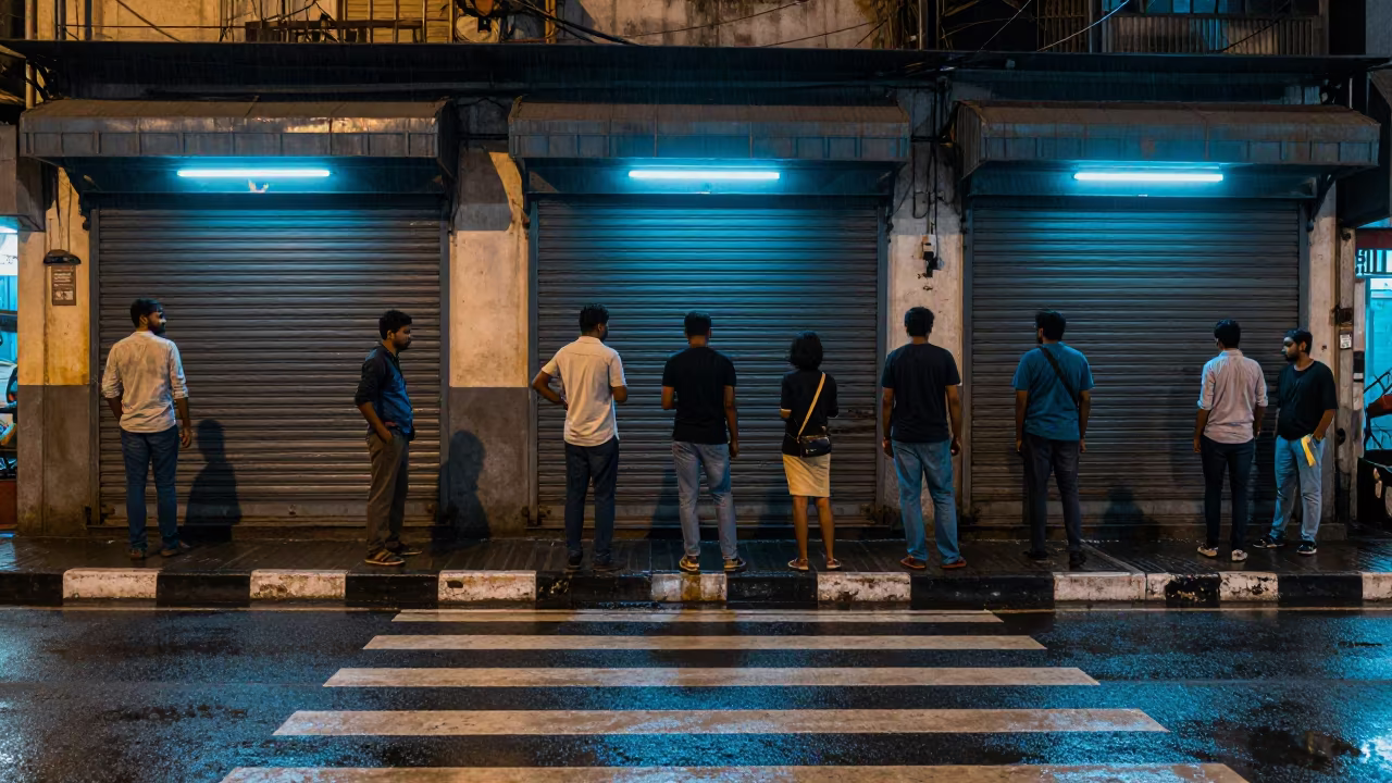Commuters at Vijayapura Crosswalk in Steel Blue Light in along a shuttered arcade in Vijayapura