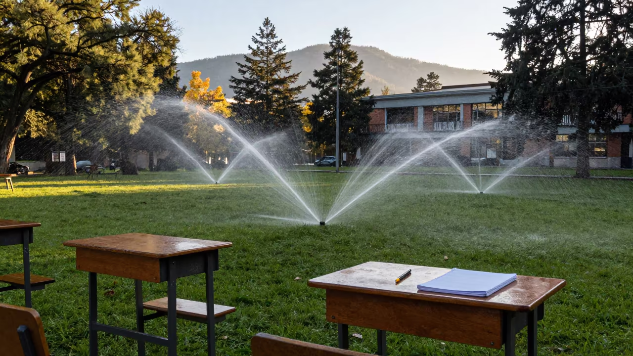 Comodoro Rivadavia Campus Lawn Sprinklers Before Graduation in across a rain-washed campus courtyard in Comodoro Rivadavia
