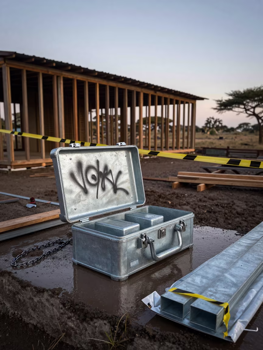 Compaction Kit Box in Serengeti Dawn Light in beside a framed building shell in the Serengeti