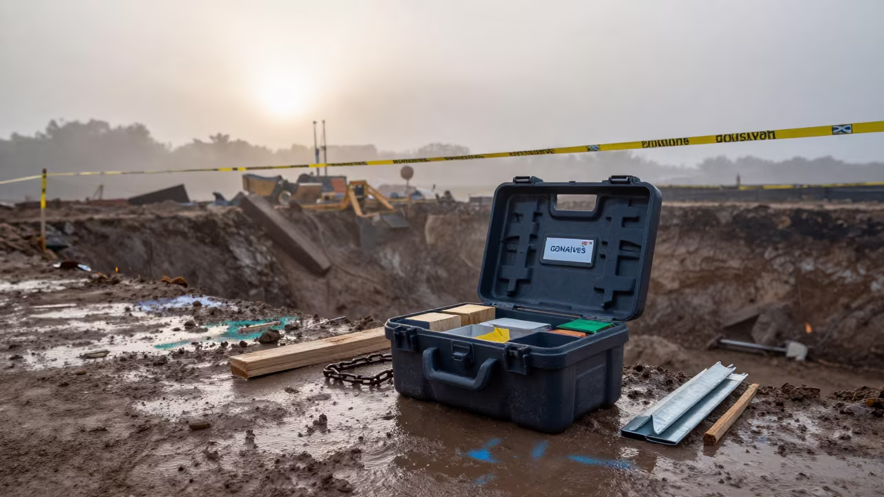 Compaction Test Kit Box in Rainy Season Mist in inside a taped-off excavation edge in Gonaïves