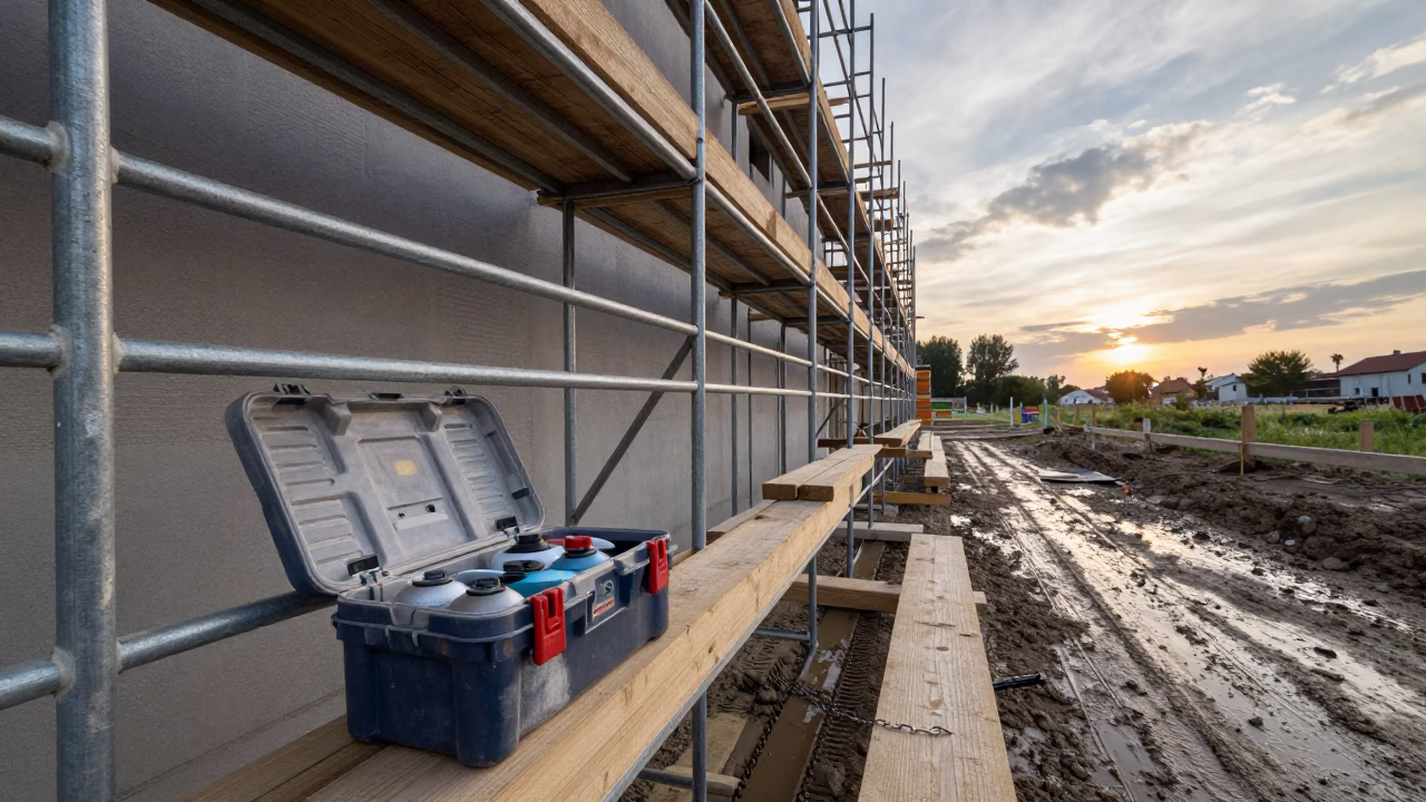 Compaction Test Kit Box on Scaffolded Veneto Facade in along a scaffolded facade in Veneto