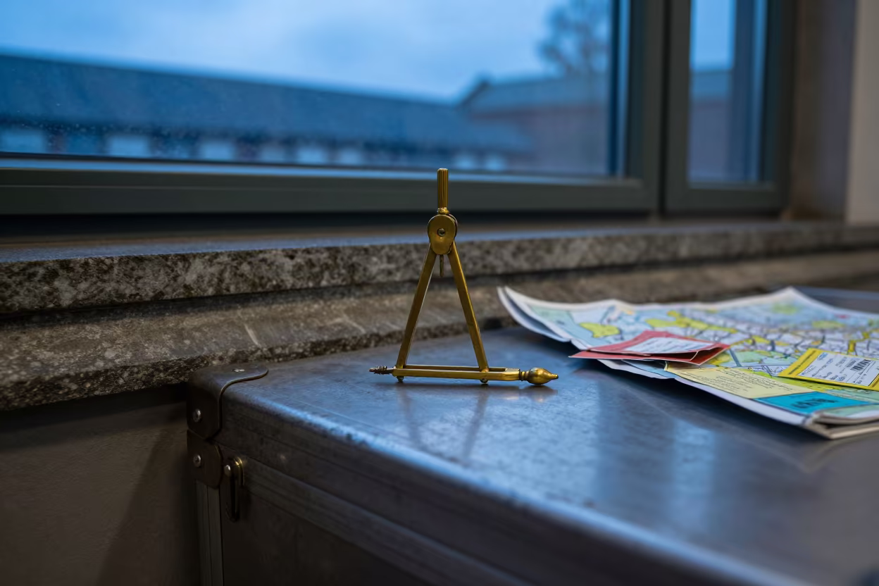 Compass on Scuffed Trunk Lid Christchurch Ledge in on a stone ledge in Christchurch