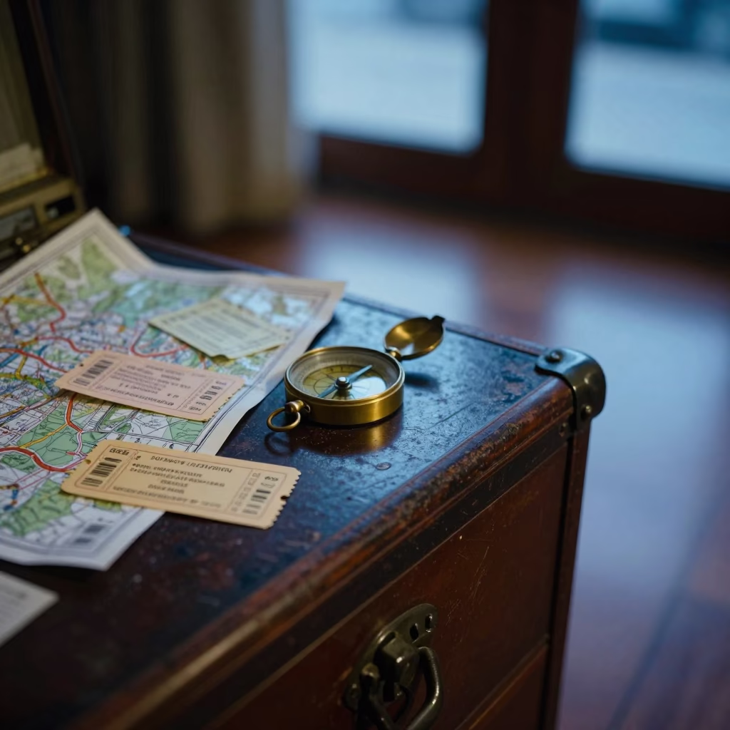 Compass on Scuffed Trunk Lid with Maps in on a hotel dresser near Chihuahua