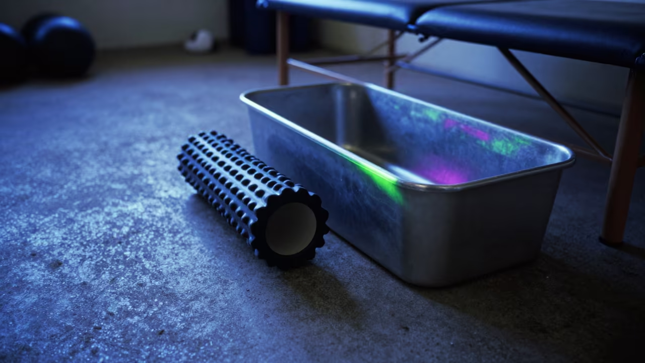 Compression Sleeve Bin in Garoua Lounge in inside a recovery lounge beside foam rollers in Garoua