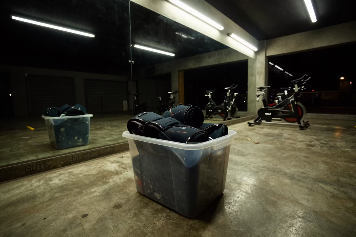 Compression Sleeve Bin in Spin Studio Night in inside a spin studio under class lights in Santa Teresa del Tuy