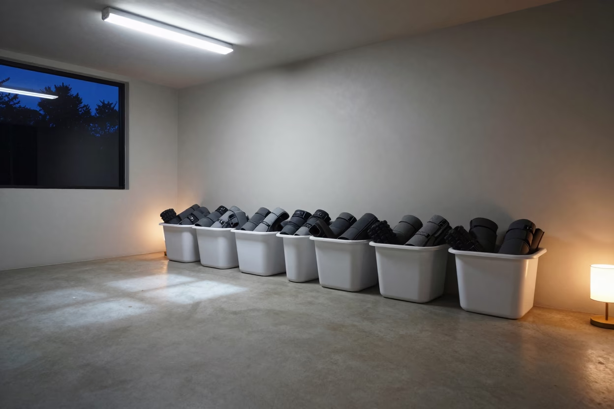Compression Sleeve Wash Bin Before Dawn in inside a recovery lounge beside foam rollers in Lombok