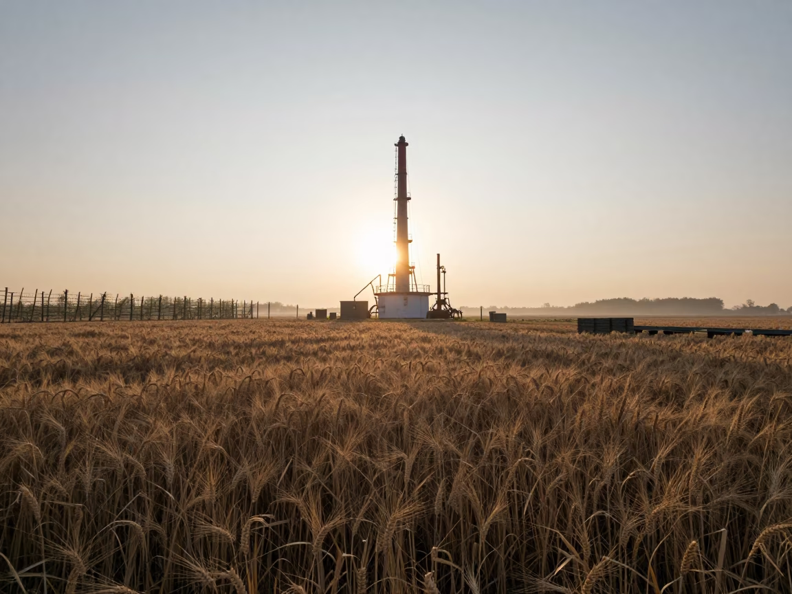 Compressor Silhouette Over Winter Wheat Field in among orchard ladders and crates in Italy