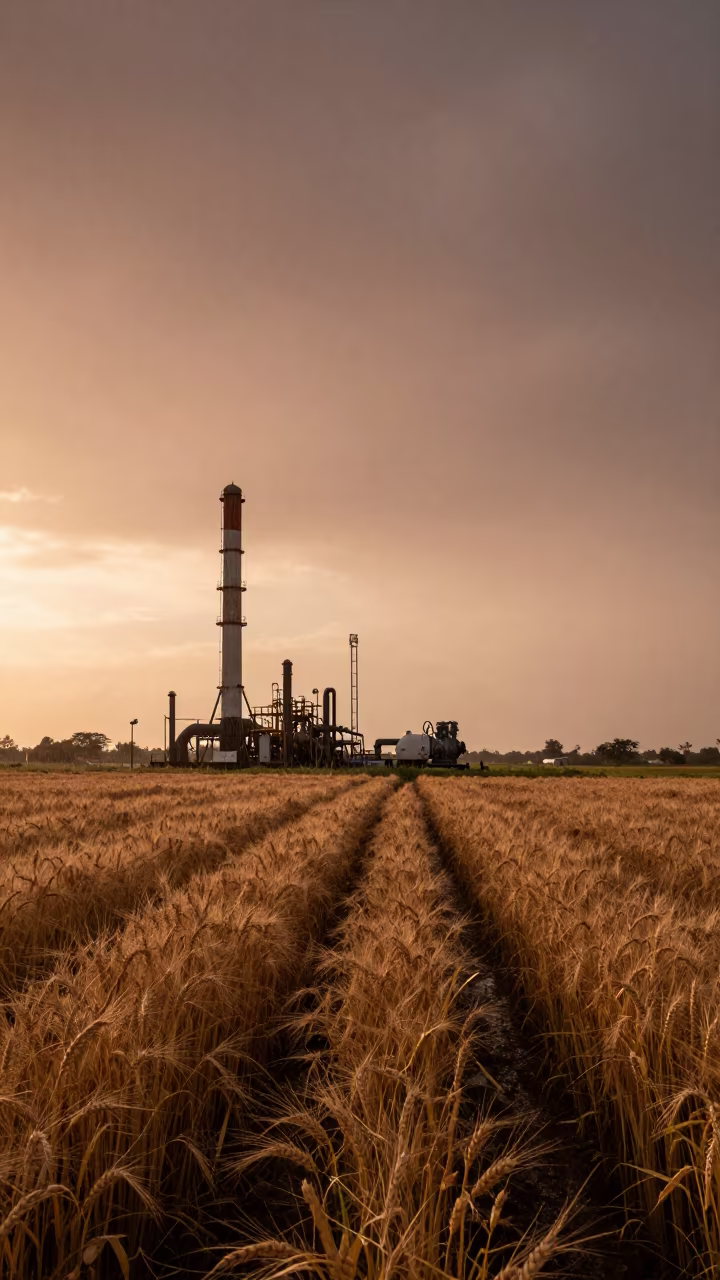 Compressor Station Silhouette in Wheat Field in along freshly irrigated rows in Equatorial Guinea