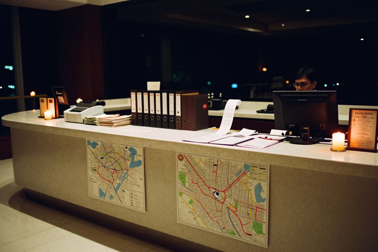 Concierge Counter Maps and Slips in Candlelight in inside a banquet hall before service in Semarang