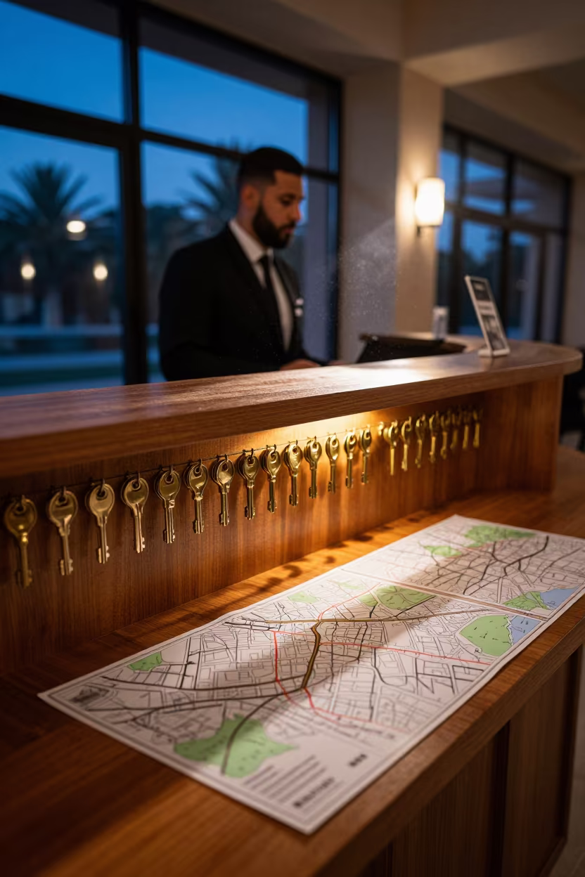 Concierge Desk with Brass Keys and Maps at Twilight in inside a banquet hall before service near Touggourt
