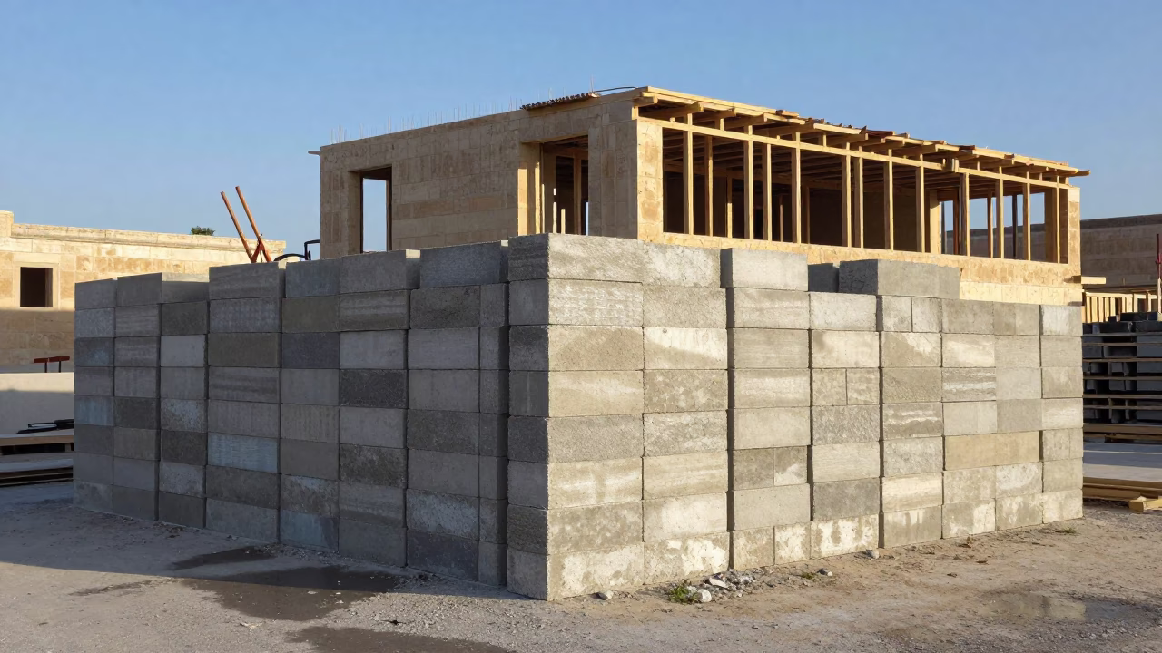 Concrete Blanket Stack Malta Building Site in beside a framed building shell in Malta