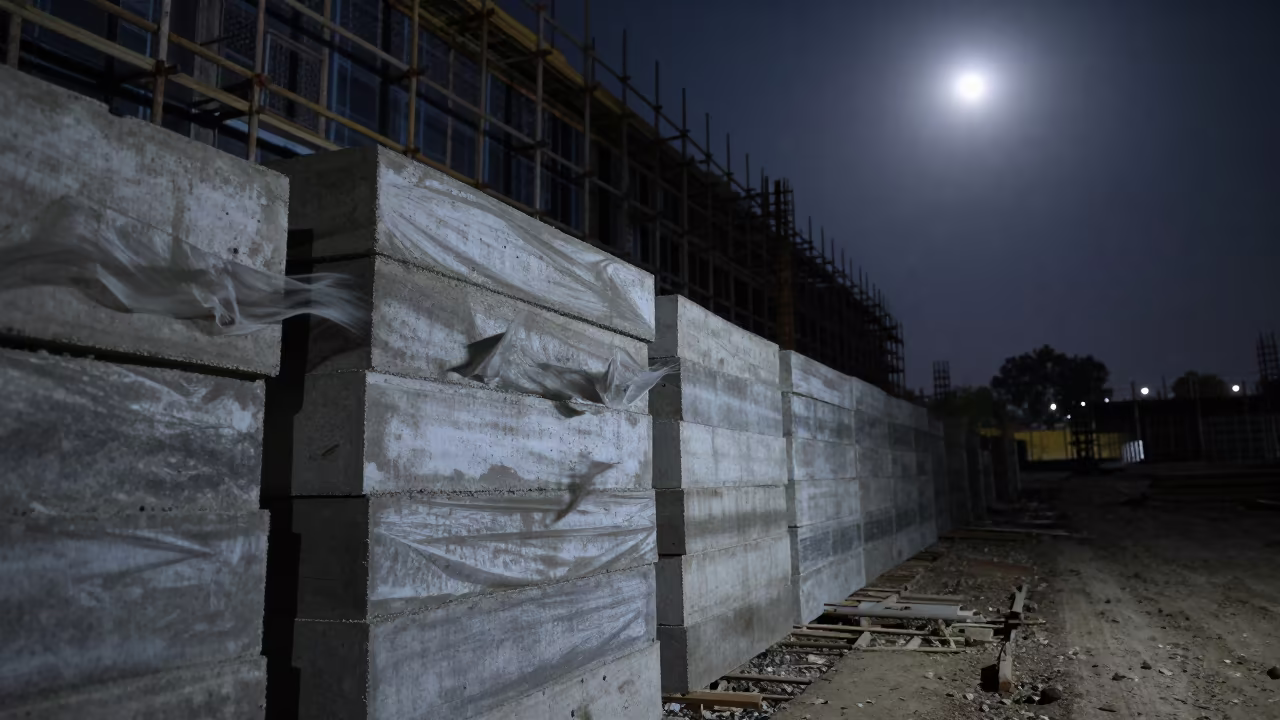 Concrete Blanket Stack Midnight Jharkhand in along a scaffolded facade in Jharkhand