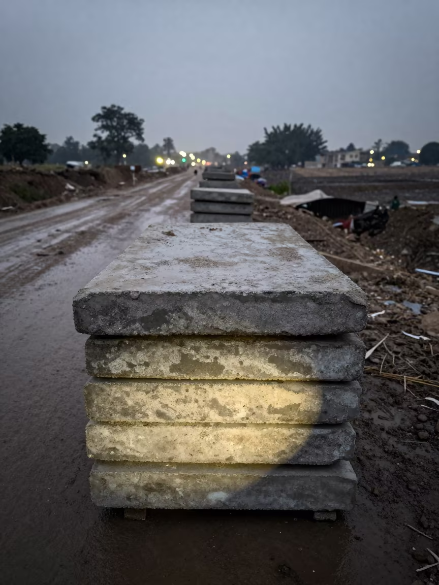 Concrete Blanket Stack at Swabi Site Dawn in at a muddy site access road in Swabi