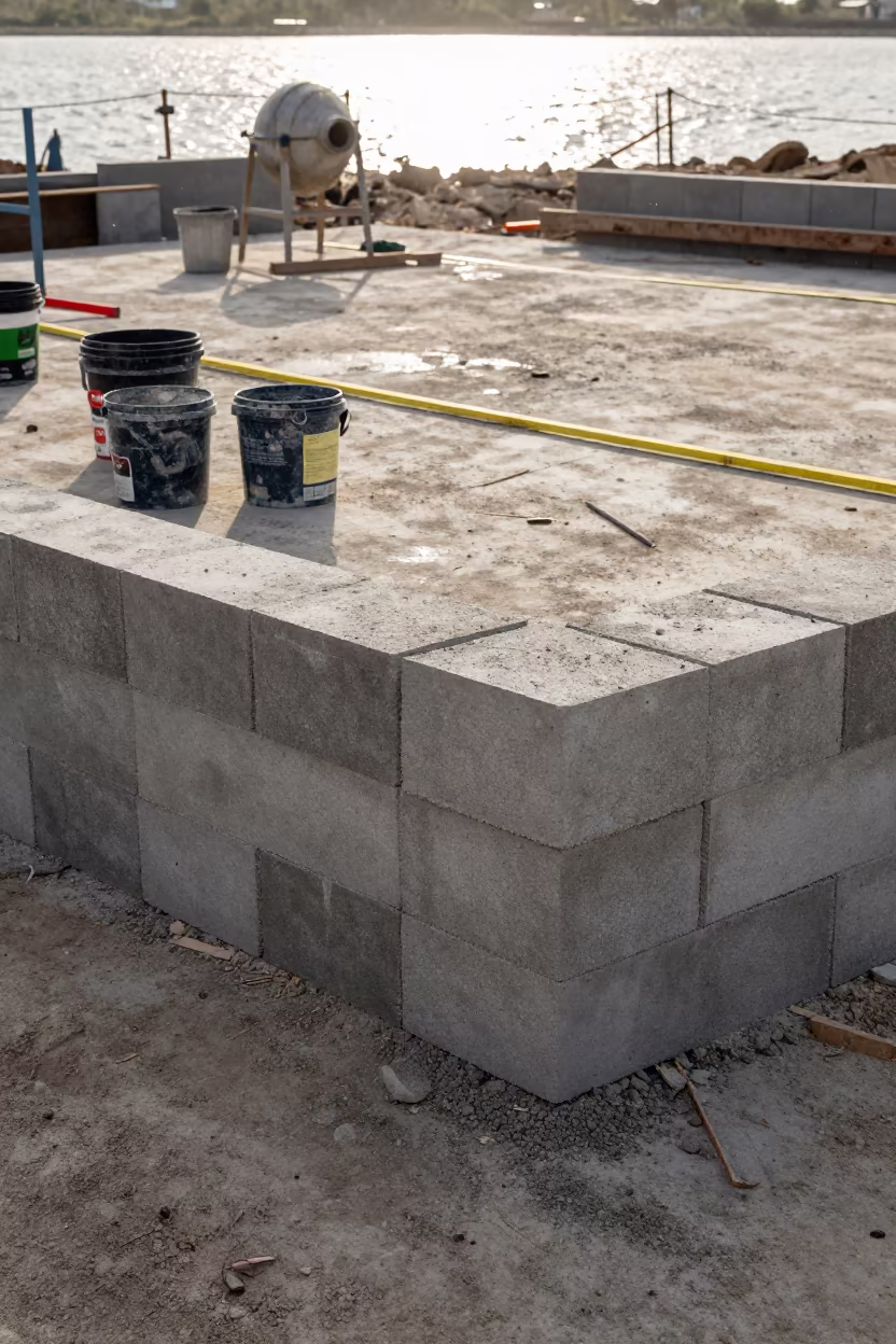Concrete Block Corner Construction Mexico Afternoon in on an active construction deck in Mexico