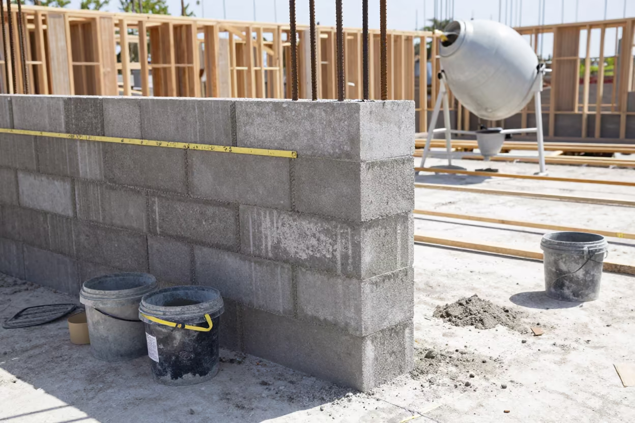 Concrete Block Corner with Mason Lines and Mixer in beside a framed building shell in Anhui