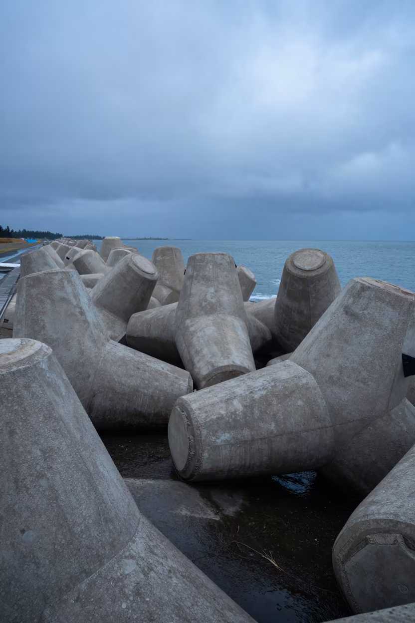 Concrete Breakwater Blocks Under Storm Sky in along a dam spillway near Victoria