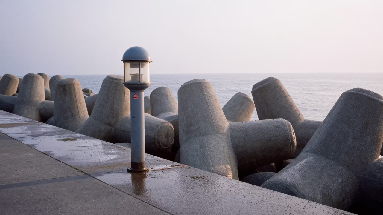 Concrete Breakwater Lantern in Sea Spray After Rain in along a dam spillway near Durban