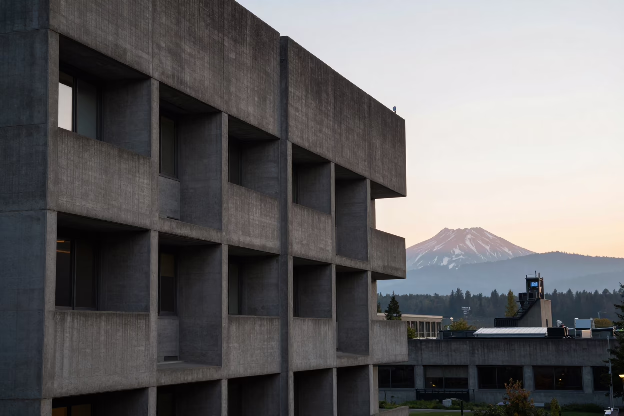 Concrete Brutalist Architecture and Morning Light in Seattle Washington Just After Sunrise in in Seattle, Washington, United States
