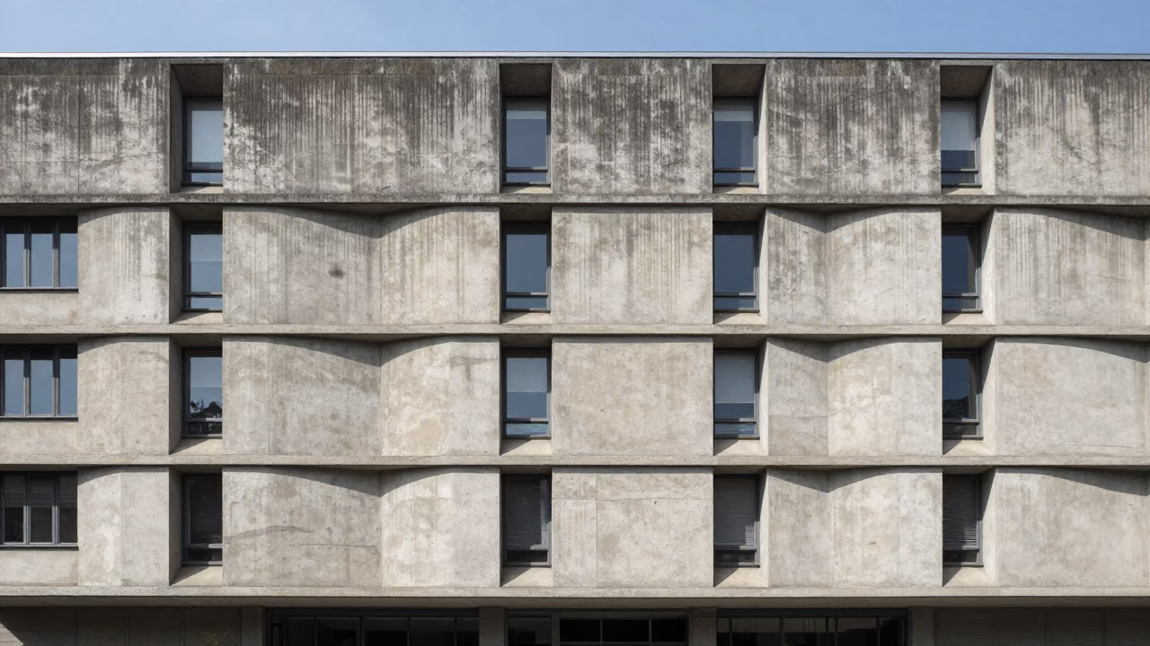Concrete Brutalist University Building Facade Under Flat Noon Glare in Paris France in in Paris, France