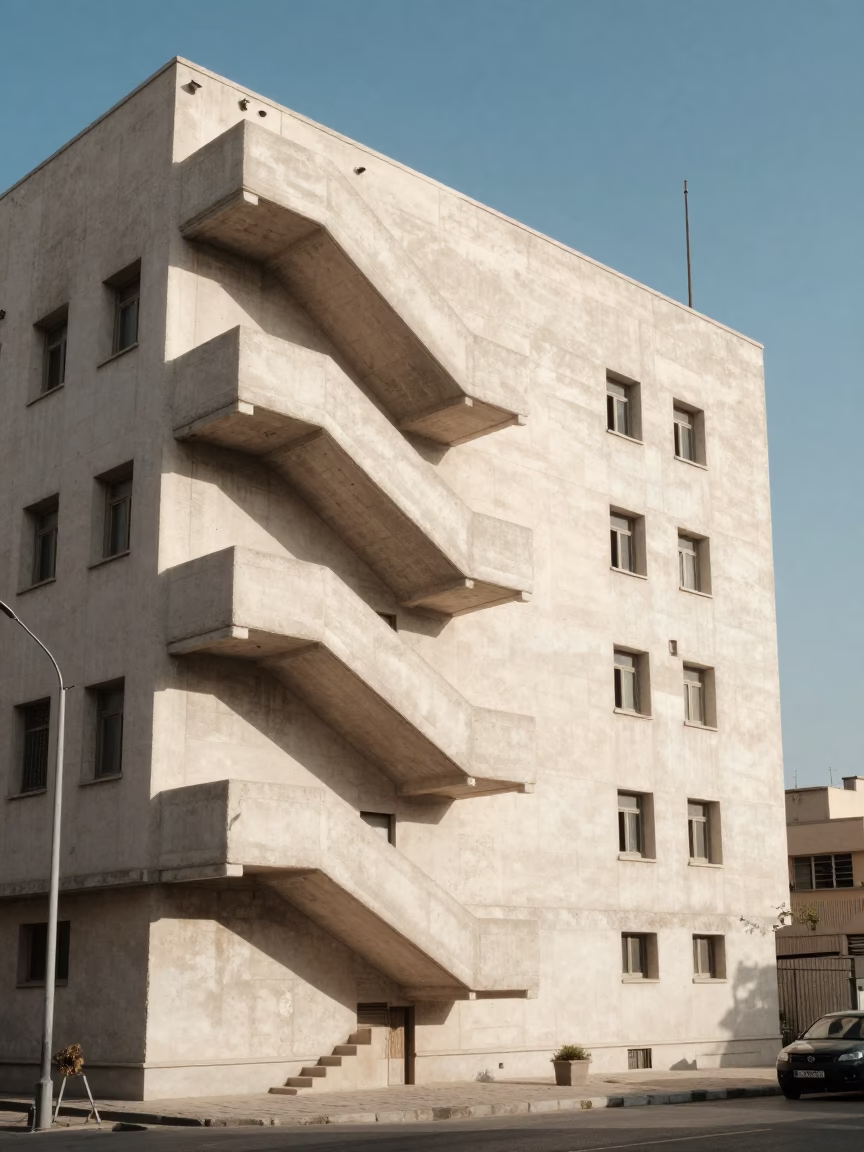 Concrete brutalist university building in Amman Jordan late morning street scene in in Amman, Jordan