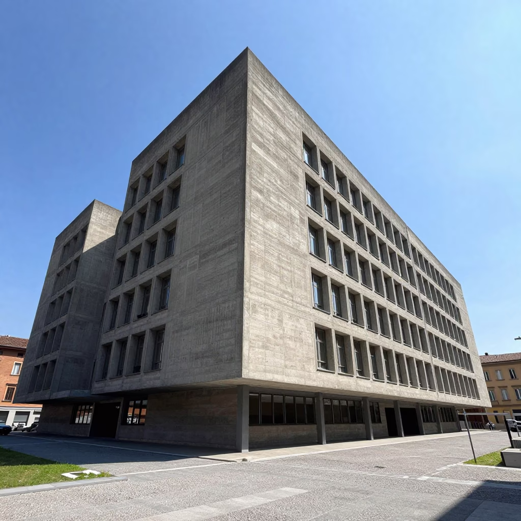 Concrete Brutalist University Building in Bologna Italy Under Flat Noon Glare in in Bologna, Italy