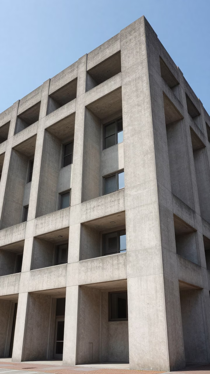 Concrete Brutalist University Building in Boston Massachusetts Under Bright Midmorning Light in in Boston, Massachusetts, United States