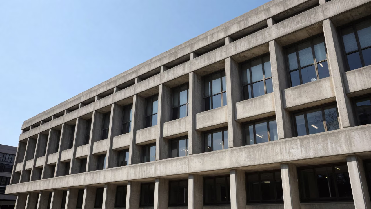 Concrete Brutalist University Building in Boston Massachusetts Under Flat Noon Glare in in Boston, Massachusetts, United States