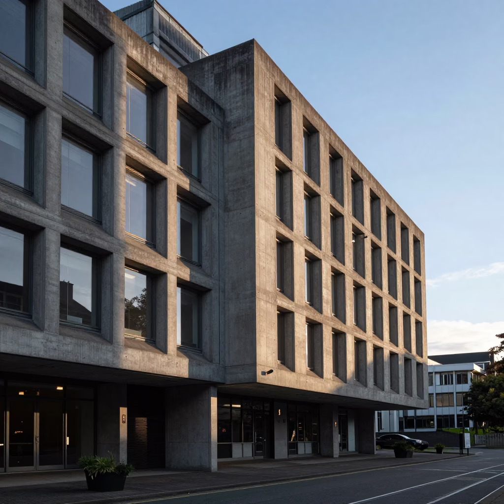 Concrete Brutalist University Building in Christchurch New Zealand Under First Light Morning in in Christchurch, New Zealand