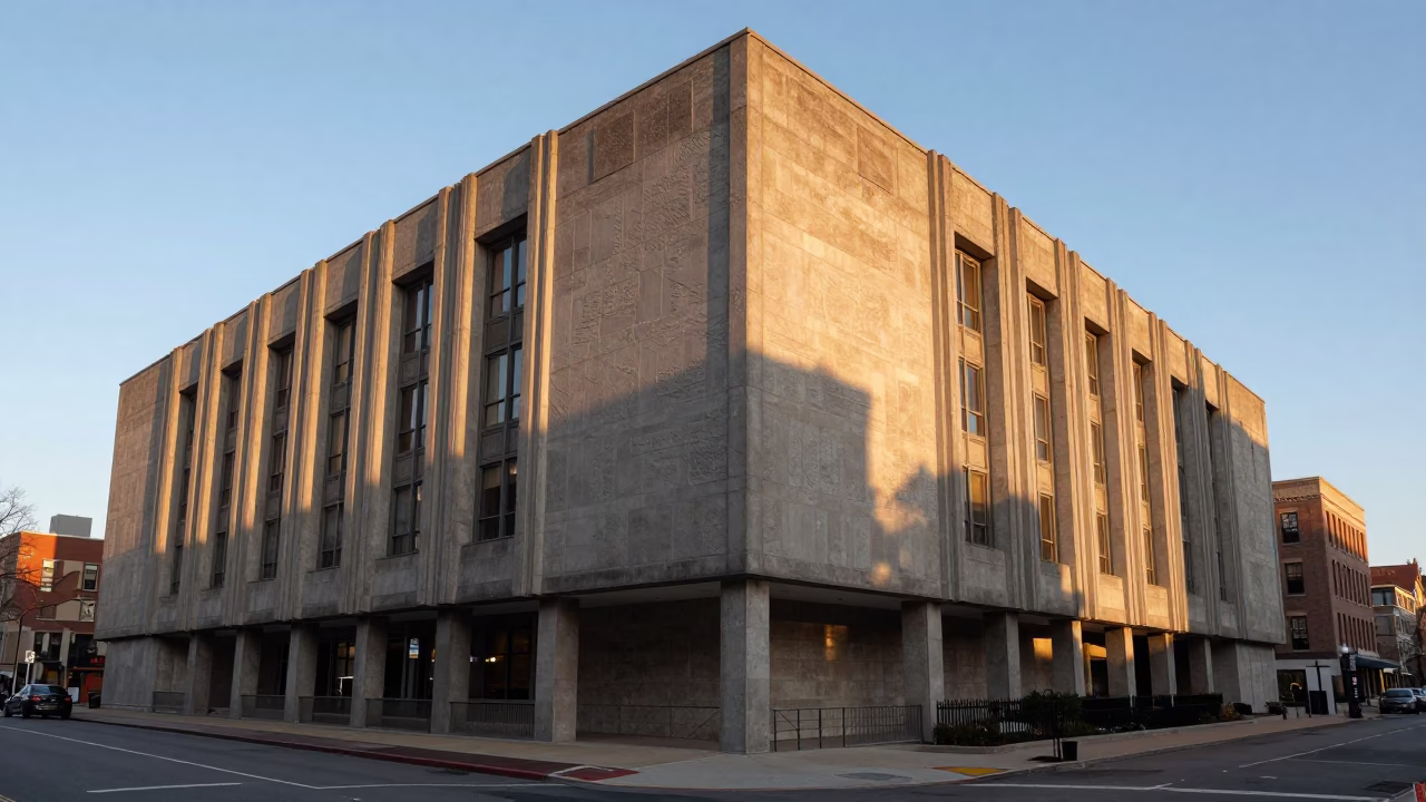 Concrete Brutalist University Building in New York at Golden Hour Before Sunset in in New York, New York, United States