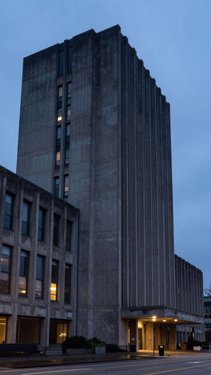 Concrete Brutalist University Building in Seattle Predawn Darkness with Condensation on Rail in in Seattle, Washington, United States