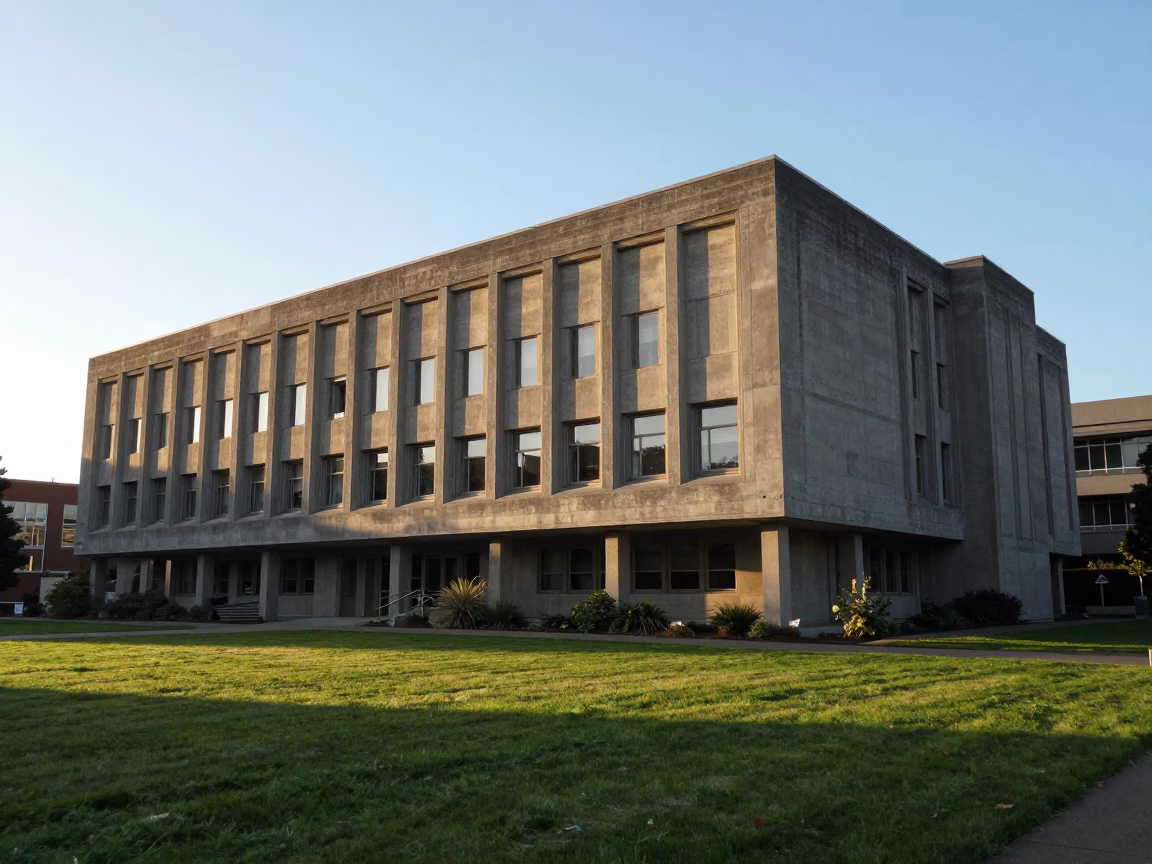 Concrete Brutalist University Building Morning Light Portland Oregon in in Portland, Oregon, United States