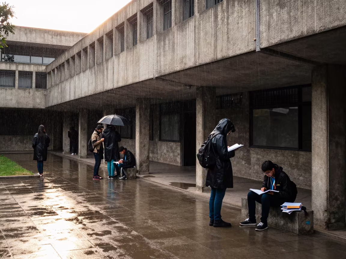 Concrete Brutalist University Cloister in Guadalajara Rain in beneath a university cloister in Guadalajara