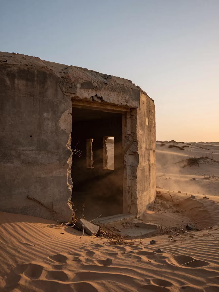 Concrete Bunker Ruin in Libyan Coastal Dunes in along a vine-choked corridor in Libya