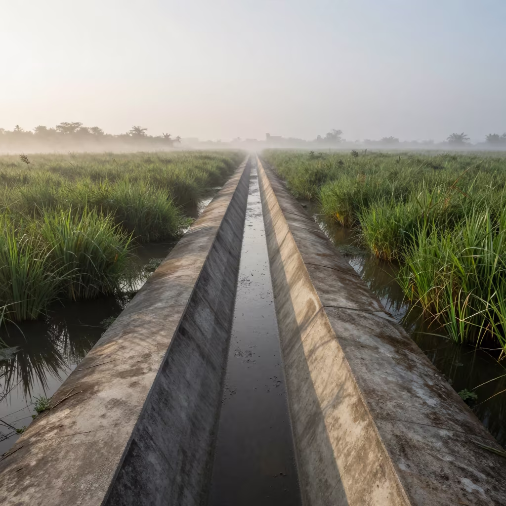 Concrete Canal Reeds Misty Havana Dawn Monsoon in along a levee path above floodwater in Havana