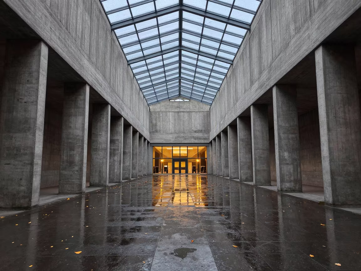 Concrete Church Reflected in Autumn Rain Getafe in inside a glass-roofed arcade near Getafe