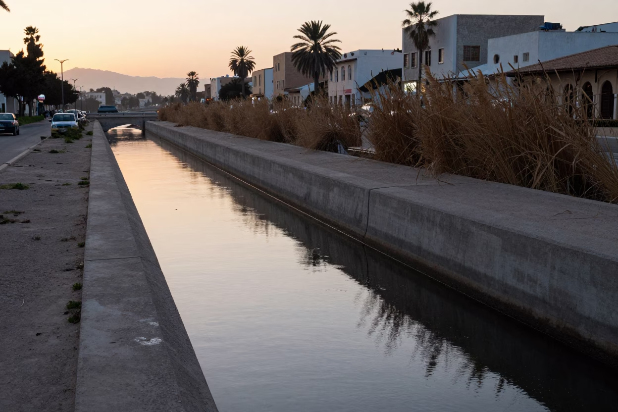 Concrete Cooling Canal Edged with Reeds at Dawn in Casablanca Morocco Before Sunrise in in Casablanca, Morocco