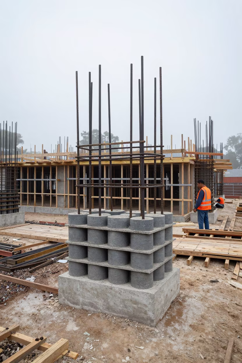 Concrete Cylinder Rack at Venezuelan Jobsite in beside a framed building shell in Venezuela