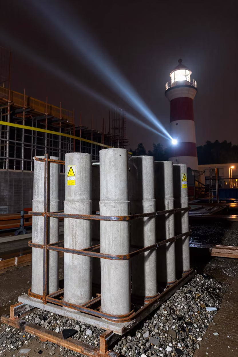 Concrete Cylinders in Night Light Near Bydgoszcz in beside a framed building shell near Bydgoszcz