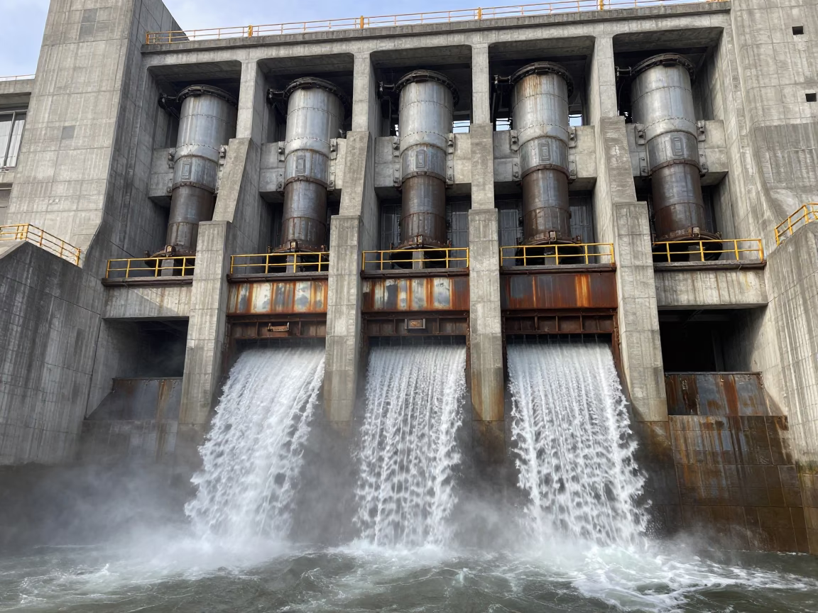Concrete Dam Powerhouse Below Penstock Lines in above a spillway chute with spray rising in Coventry