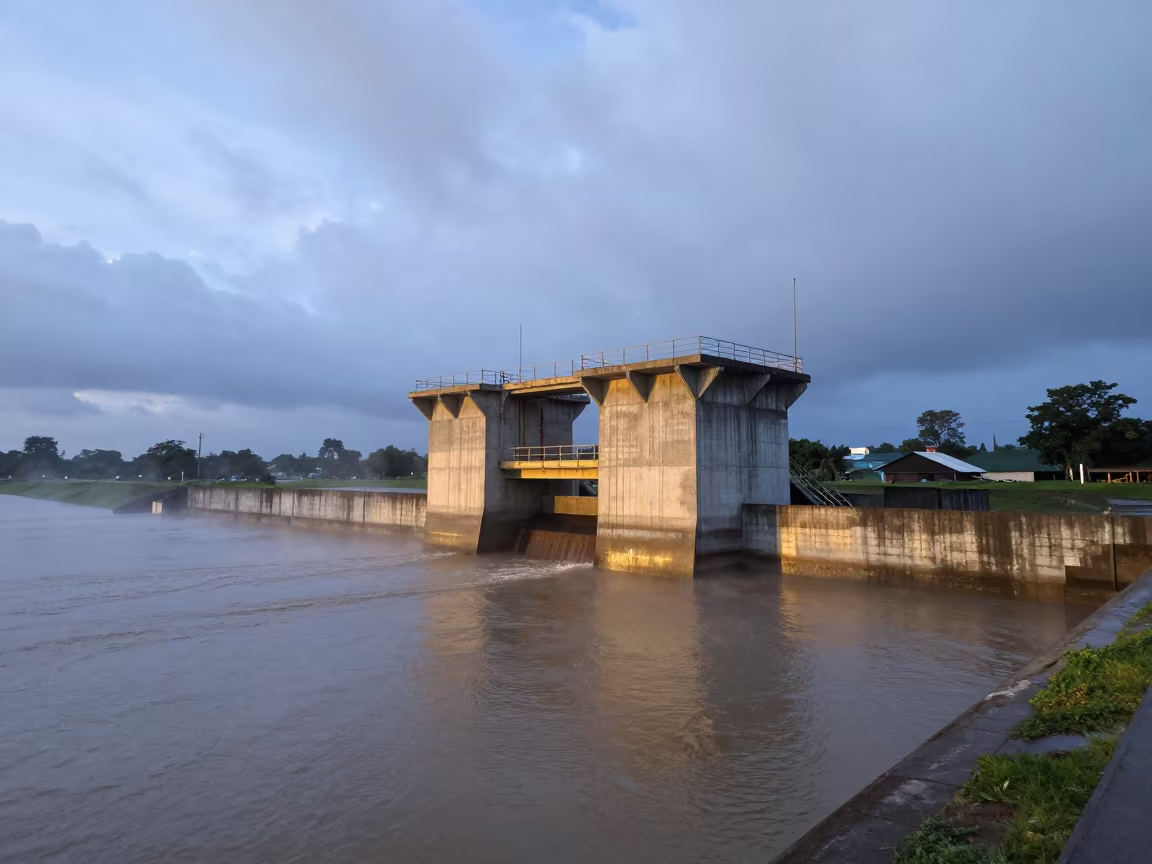 Concrete intake tower under low clouds at dusk in along a levee path above floodwater near Kenema