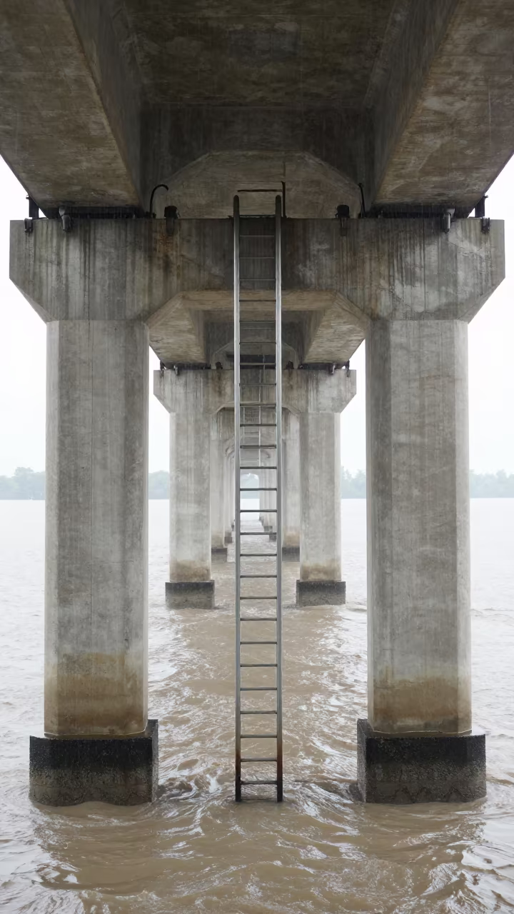 Concrete Ladder on Bridge Pier After Storm in beneath a bridge span in the Mekong Delta