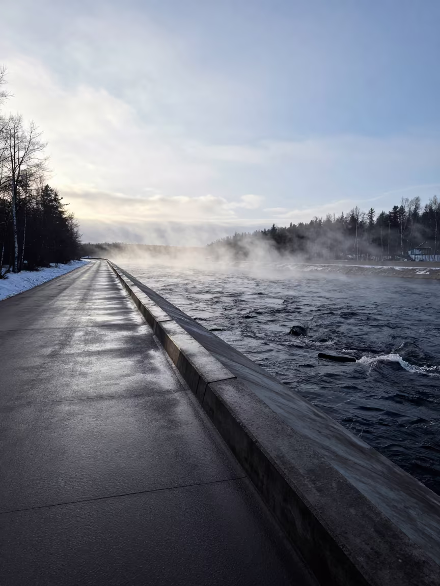 Concrete Levee Road Near River Mouth in Winter in along a dam spillway near Oulu