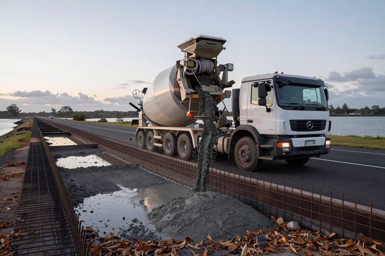 Concrete Mixer Pouring on Townsville Causeway in on a wind-open causeway near Townsville
