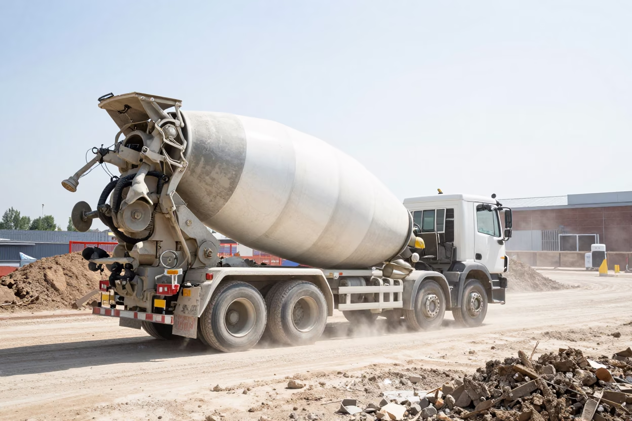 Concrete Mixer Truck Working at Noon in Liverpool United Kingdom Construction Site in in Liverpool, United Kingdom