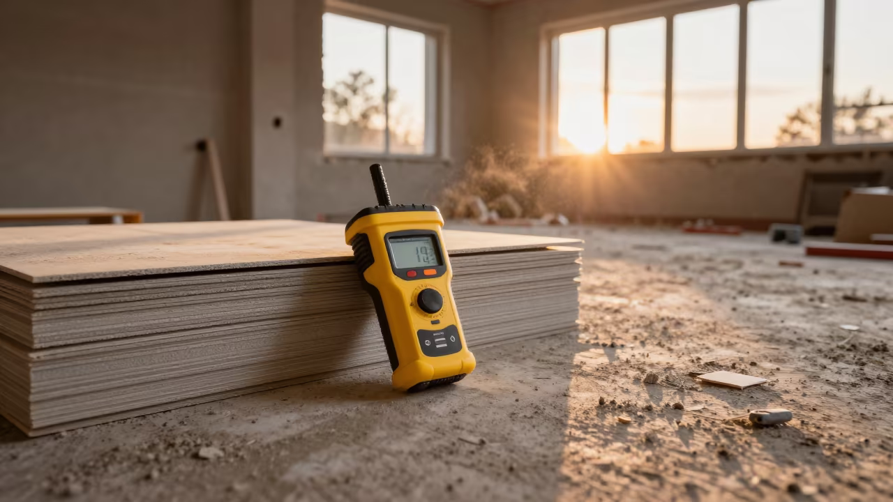 Concrete moisture meter in autumn window light in at a drywall staging area in Belarus
