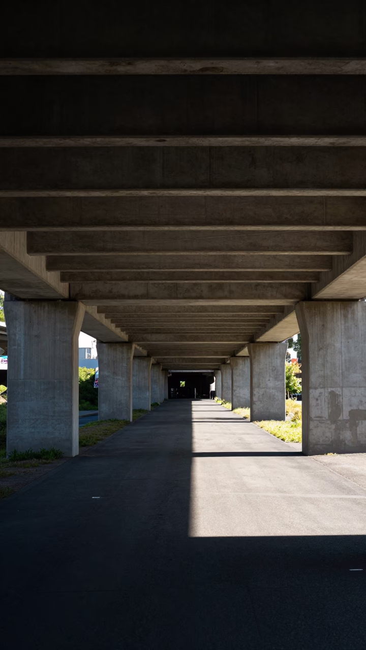 Concrete Overpass Underside Shadows in Portland Oregon Under Flat Noon Sunlight in in Portland, Oregon, United States