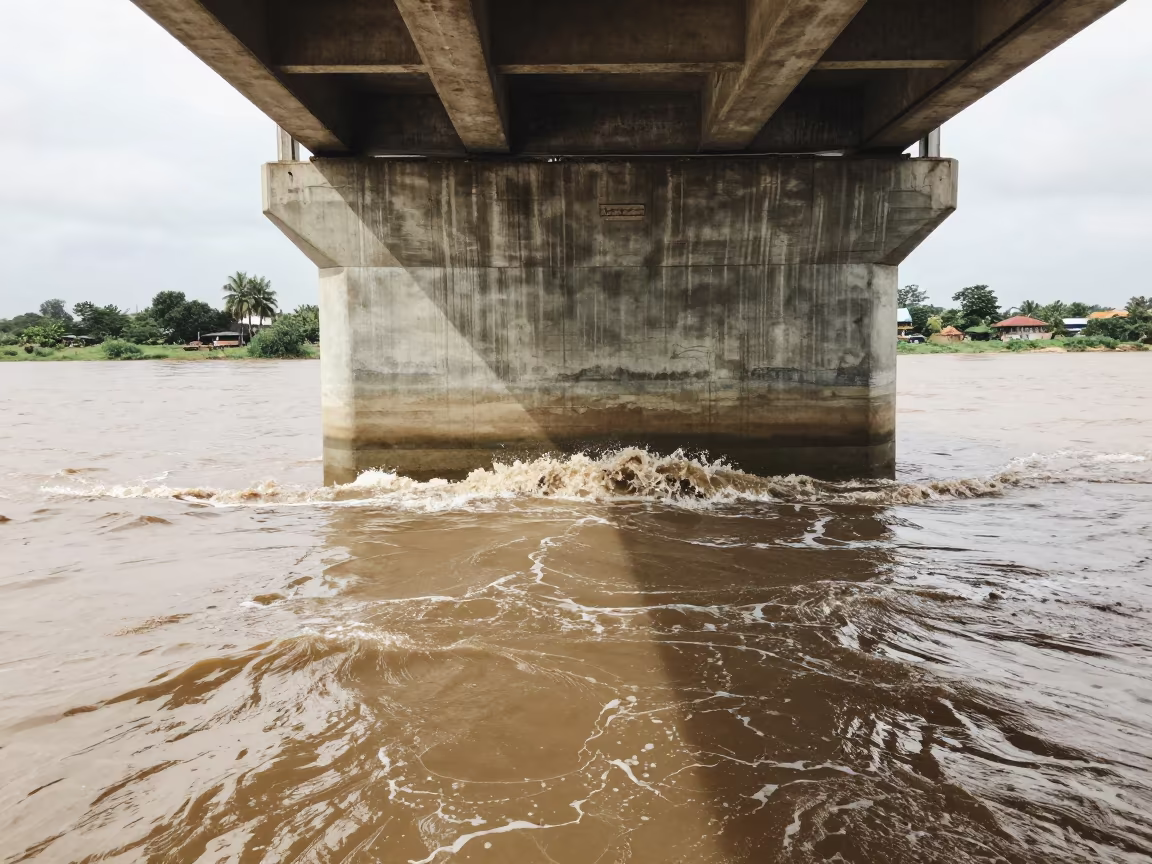 Concrete Pier Splitting Brown Flood Waters in Ghana in beneath a bridge span in Ghana