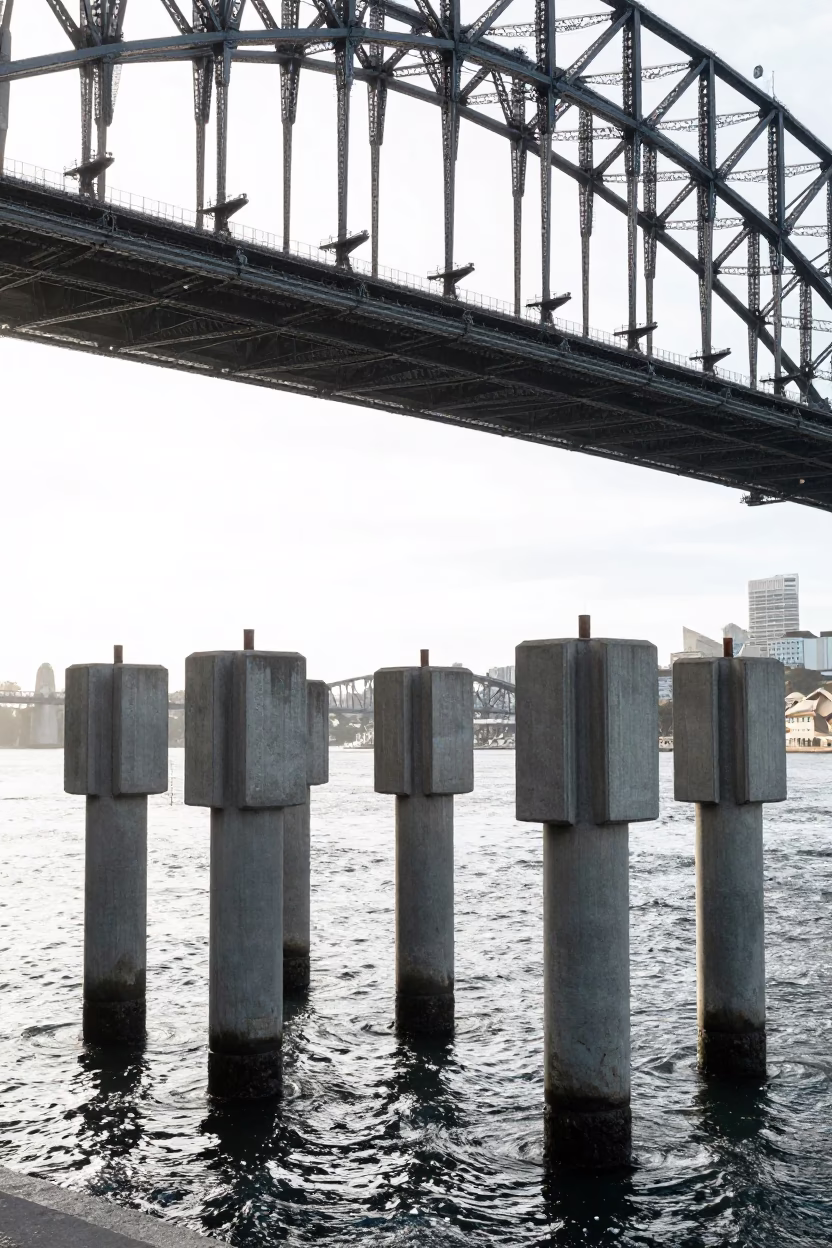 Concrete Piers in Sydney at The Flat Glare Of Noon Light in in Sydney, New South Wales, Australia