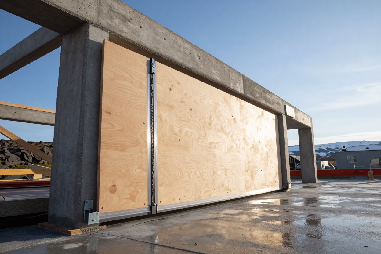 Concrete Plywood Dust Barrier Zipper Door Construction in on an active construction deck in Iceland